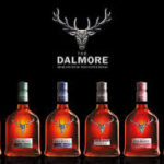 Six Dalmore Cask Whisky bottles are elegantly arranged in a line, each featuring a unique label color set against a dark backdrop with the signature stag logo, enticing whisky investment enthusiasts to explore this premium world.