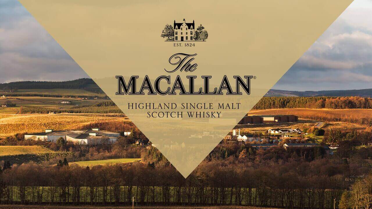 The Macallan Highland Single Malt Scotch Whisky showcased over a stunning landscape of fields and trees, embodying luxury and high-value whisky investment.