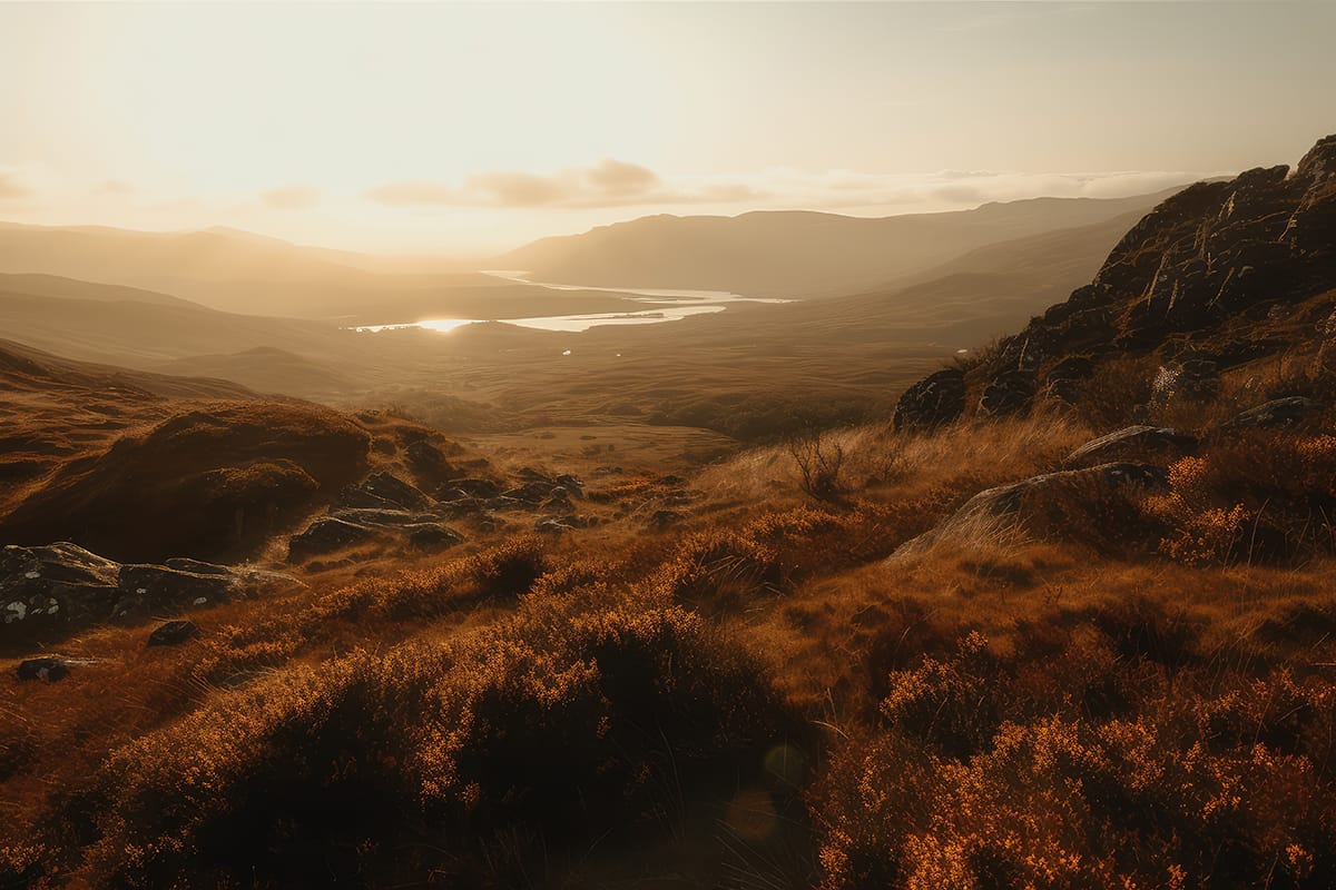 The whisky investment showcases a sunlit valley with rocky hills and golden-brown grass, overlooking a river that elegantly winds through the picturesque landscape, symbolizing premium quality.