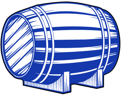 This illustration features a premium blue and white wooden barrel, ideal for aging high-value whisky, elegantly resting on two supports.