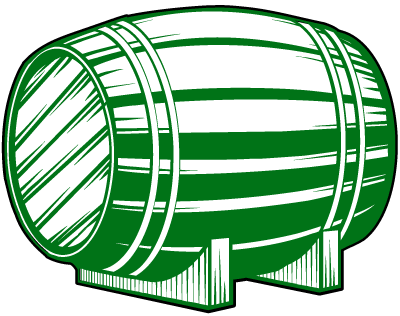 This illustration showcases a high-value whisky investment symbol: a premium green and white barrel, traditionally used for short-term aging, elegantly displayed on wooden supports.