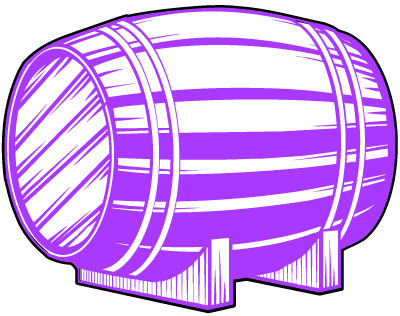 A purple-outlined illustration of a large, horizontal whisky barrel on a white background showcases the allure of premium brand investing. The visible wooden slats and hoops capture the essence of short-term aging, adding a touch of quality to our high-value whisky images.