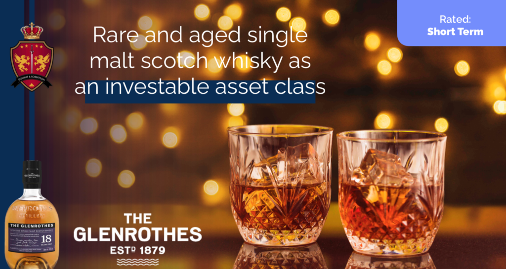 In the foreground, two glasses filled with whisky and ice highlight a bottle of the prestigious Glenrothes Cask, underscoring its value as a rare and aged single malt Scotch whisky investment asset. Dive into the Glenrothes Whisky Investment experience.