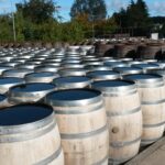 Wooden barrels with metal bands, brimming with premium whisky, are neatly arranged in an outdoor area beneath a partly cloudy sky, reflecting the high-value investment quality of renowned whisky brands.