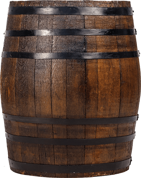 A premium wooden barrel, symbolizing top-tier whisky investments, stands upright with metal bands against a minimalist backdrop.