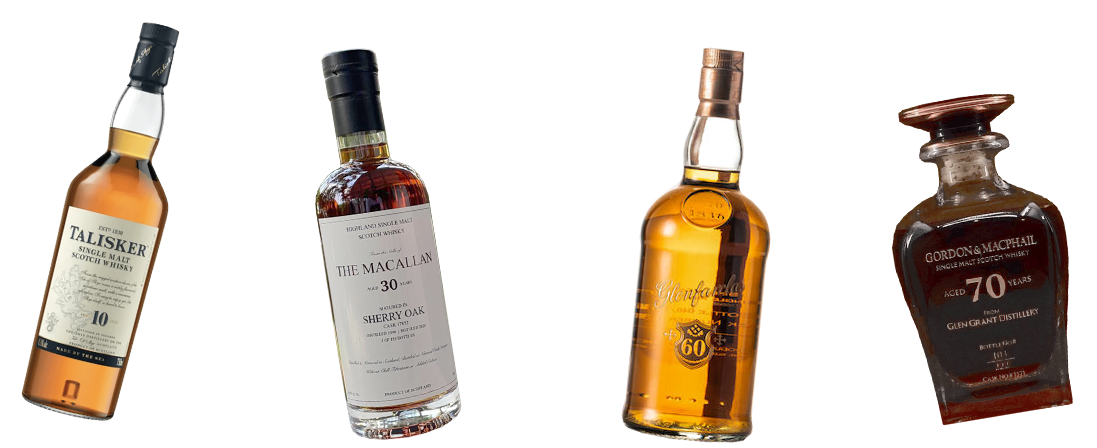 Four premium whisky bottles, each featuring unique labels, are elegantly showcased against a pristine white backdrop, exemplifying top-tier whisky investment opportunities.