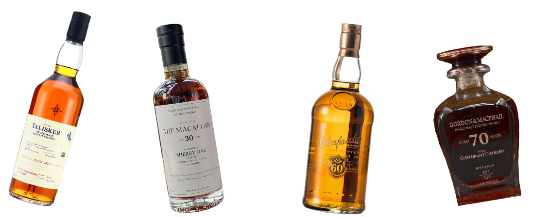 Displayed are four premium whiskey bottles: Talisker, The Macallan, Mortlach, and Gordon & MacPhail—esteemed for their exceptional quality and considered top-tier investments in the whisky market.