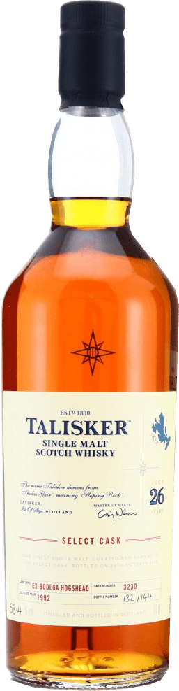 This image features a prestigious bottle of Talisker 26-year-old single malt Scotch whisky, a top choice for whisky investment. Distilled in 1992, this limited edition boasts a robust 58.4% alcohol content and sports a select cask label. It is bottle number 3230 out of an exclusive release of only 3444 bottles, underscoring its rarity and investment potential in the premium Scotch whisky market.
