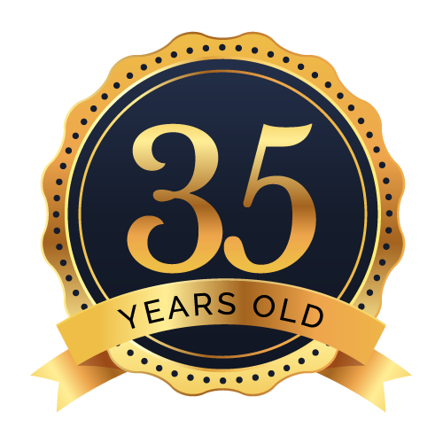 A sophisticated gold and black badge elegantly showcases "35 Years Old," complete with a ribbon at the bottom, echoing the timeless elegance of a Macallan Cask. This representation captures the unparalleled luxury and investment potential found once in a lifetime.