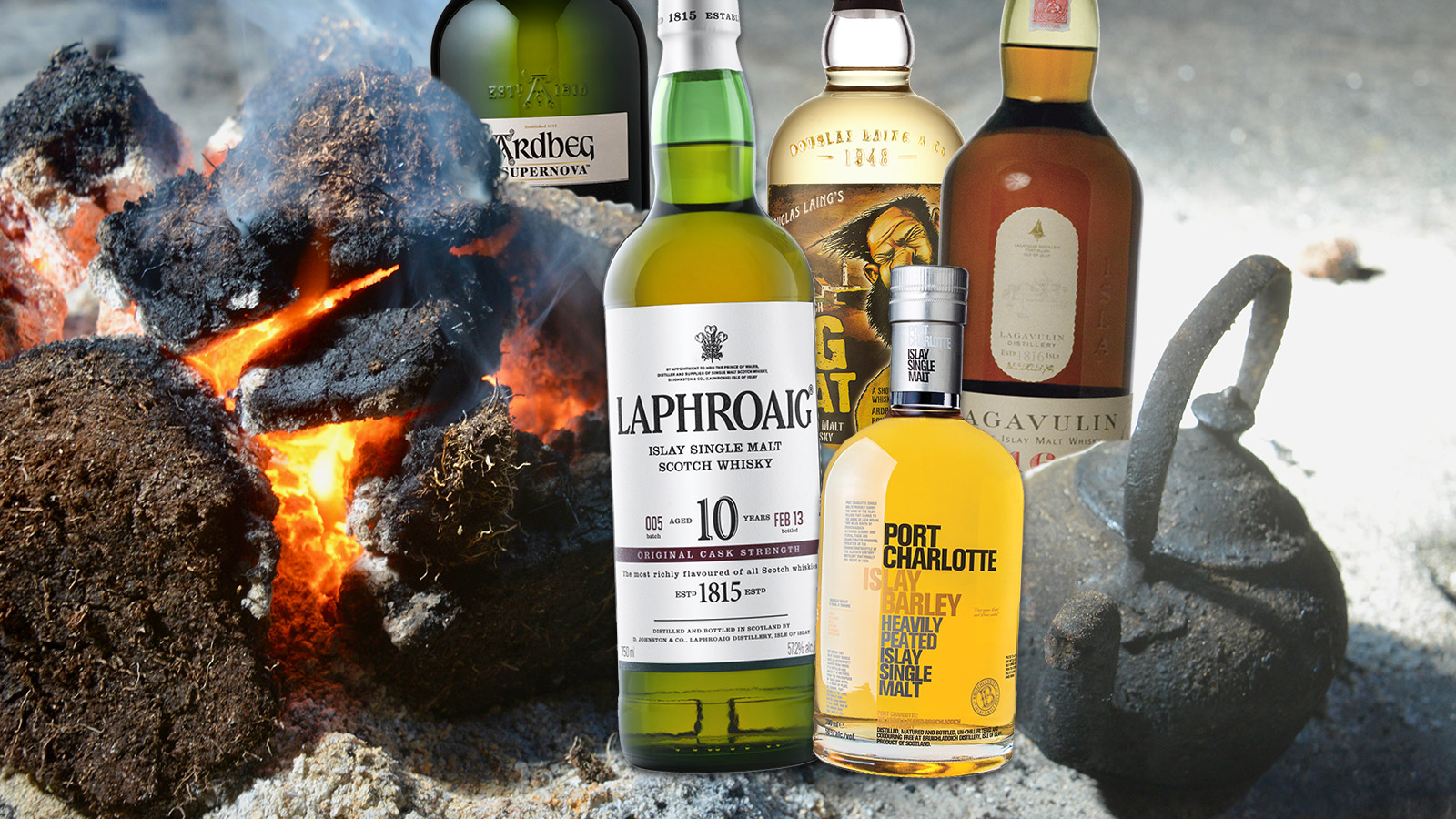 A collection of premium whisky bottles set against a picturesque campfire backdrop, complete with a kettle, showcasing investment potential and quality craftsmanship.