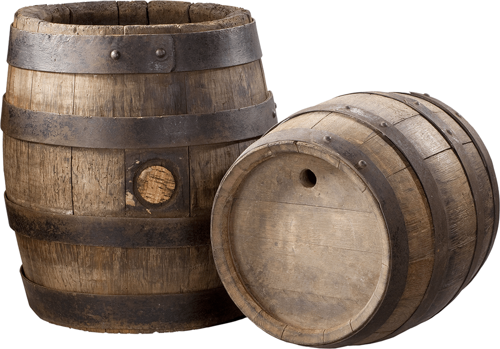 Two premium whisky barrels, adorned with metal bands and reminiscent of Glenrothes cask investments, are artistically positioned—one upright and the other elegantly resting on its side—symbolizing high-value investments in quality spirits.