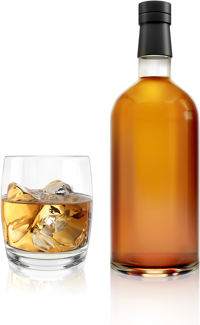 An exquisite whisky bottle filled with amber nectar stands alongside a glass brimming with ice cubes, showcasing the luxurious allure of quality whisky investments.