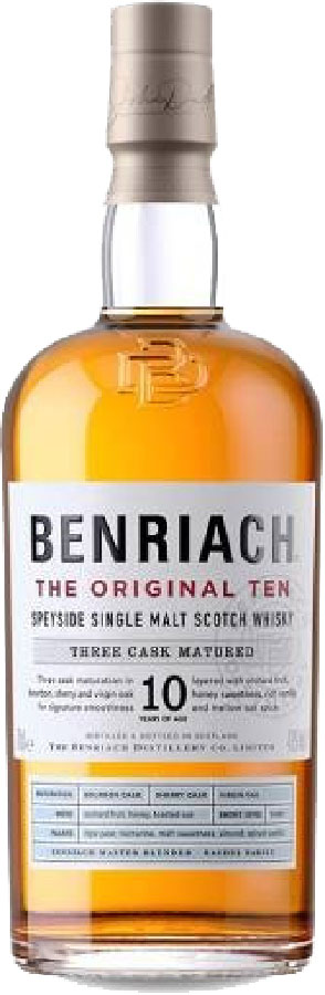 Introducing the high-value Benriach The Original Ten, a premium Speyside single malt Scotch whisky. Crafted with precision, it features "Three Cask Matured" on its elegant label and comes with a clear cap. Perfect for discerning investors seeking quality and sophistication in their whisky portfolio.