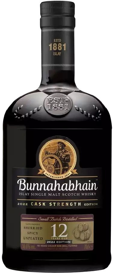 A premium bottle of Bunnahabhain 12-Year-Old Islay Single Malt Scotch Whisky, Cask Strength Edition, features a dark label with gold accents and an iconic logo, epitomizing luxury whisky investments.