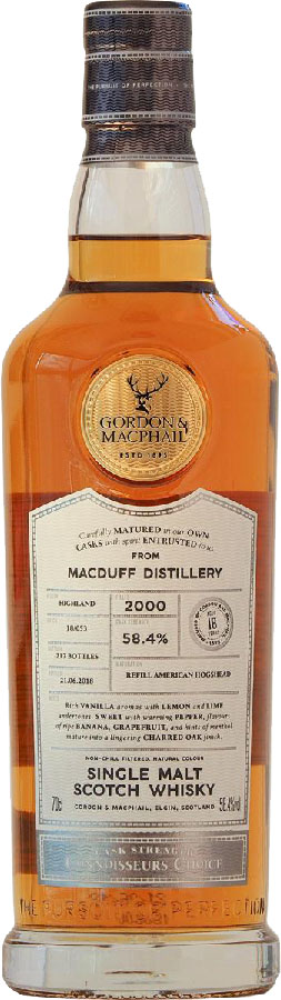 Experience the premium quality of whisky investment with a bottle of Gordon & MacPhail’s 2000 single malt Scotch from Macduff Distillery, boasting a robust 58.4% ABV.