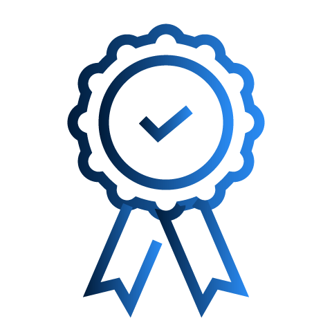 A blue ribbon adorned with a checkmark symbolizes the achievement of premium quality, from whisky cask to bottle, reflecting our high-value brand's commitment to excellence.
