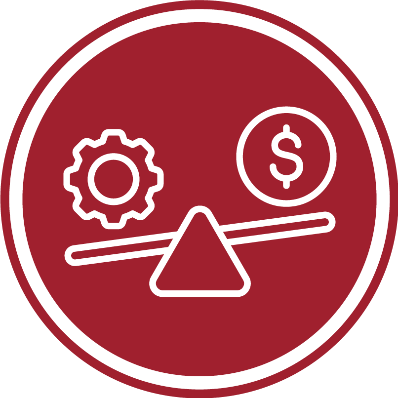 This red circular icon, featuring a balance scale with a gear on one side and a dollar sign on the other, symbolizes the nuanced equilibrium between technical sophistication and investment value in high-quality whisky brands.