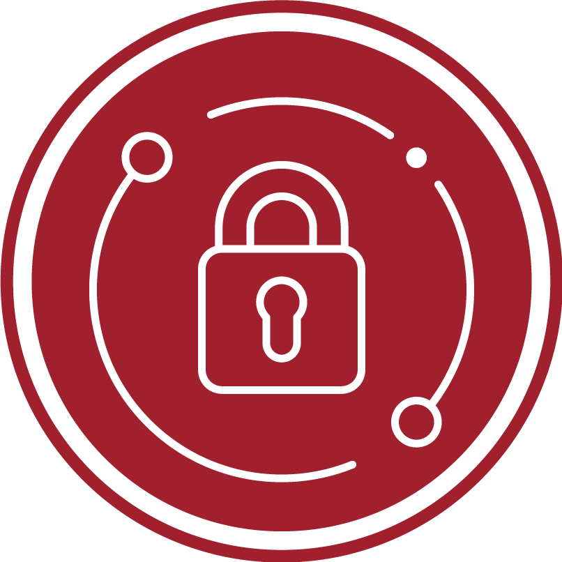 This image features a red circular icon adorned with a white padlock and orbiting lines, symbolizing investment security and premium protection for high-value whisky assets.