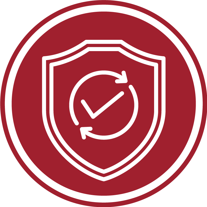 Icon featuring a shield with a circular arrow and check mark inside, set against a red backdrop, symbolizes protection and quality assurance for high-value whiskey investments.