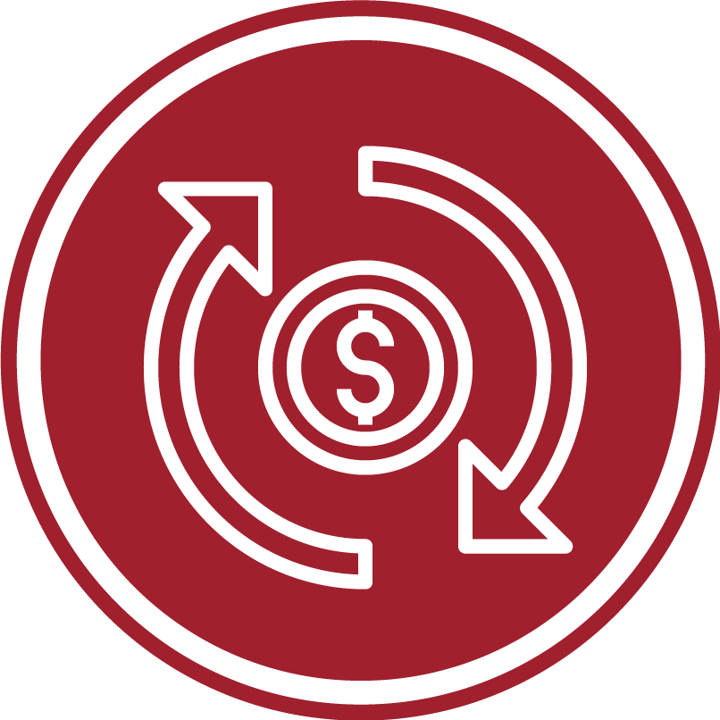 A premium whisky investment icon featuring a red circle with white arrows encircling a dollar symbol, signifying high-value financial transactions.