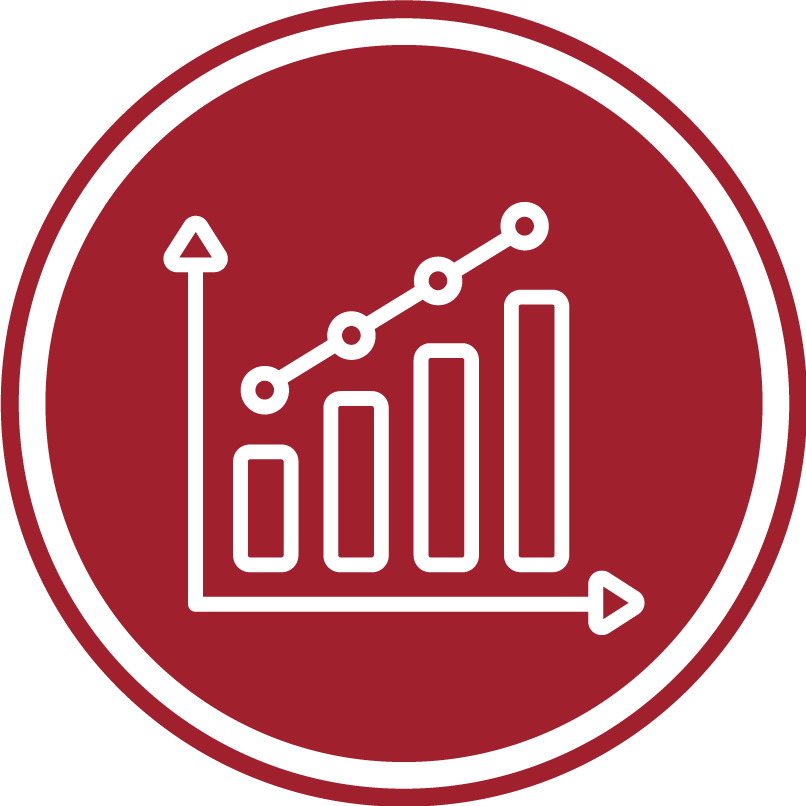A red circular icon features a white line graph and bar chart, both displaying an upward trend, symbolizing high-value whisky investment potential. The design is elegantly enclosed within two border rings, reflecting quality and growth in the market.
