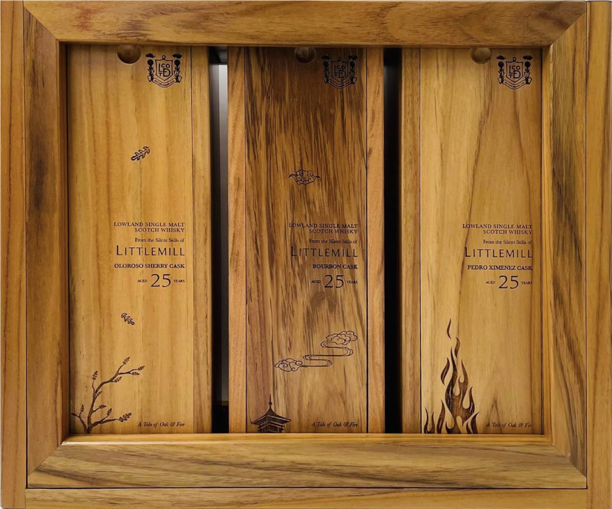 Presenting the Little Mill Trilogy: a collection of three luxurious 25-Year-Old Littlemill Scotch whisky expressions, each encased in an exquisite wooden box. This premium investment highlights unique cask types—Oloroso Sherry, Bourbon, and Pedro Ximenez—each capturing the essence of high-value craftsmanship in fine whiskey.