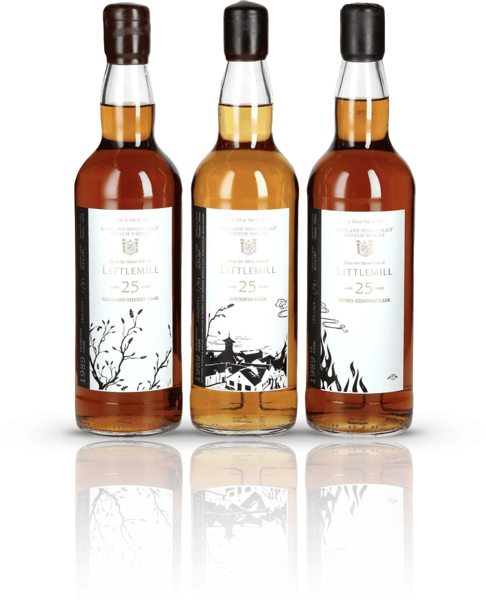 Three premium bottles of the Little Mill Trilogy's 25-year-old Scotch whisky, each featuring intricately illustrated labels, are elegantly displayed on a reflective surface, highlighting their collectible value.