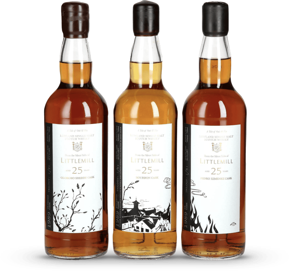 The Little Mill Trilogy presents a premium collection of 25-year-old single malt Scotch whisky, each matured in unique cask types: Oloroso Sherry, Bourbon, and PX Sherry. These exquisite high-value bottles are elegantly showcased against a pristine white background, embodying the essence of quality whisky investing.