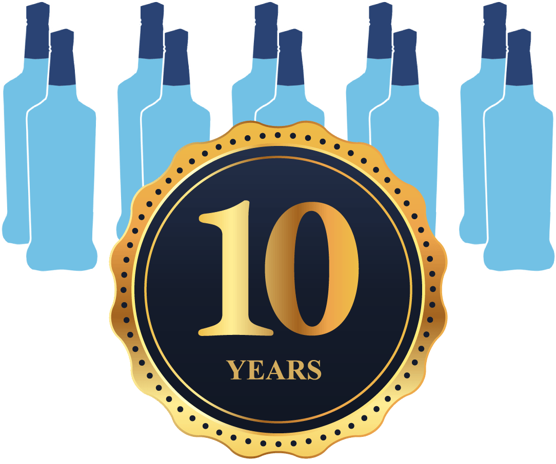 Illustration of eight meticulously crafted blue bottles, originating from premium Japanese whisky casks, elegantly arrayed behind a luxurious black and gold seal bearing the inscription "10 Years.