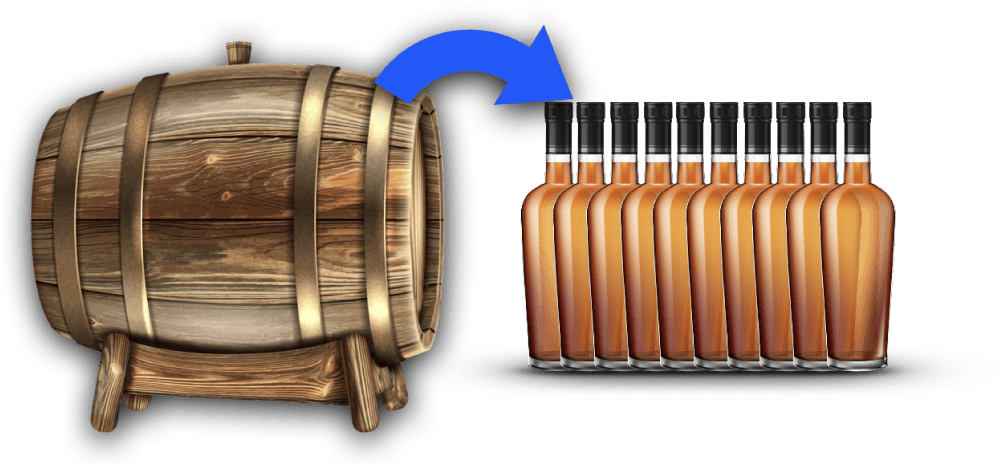 This illustration captures a wooden barrel paired with an arrow directing attention to eight identical bottles filled with amber liquid, embodying the essence of a premium Japanese whisky cask. This imagery underscores high-value whisky investments and showcases the craftsmanship synonymous with luxury brands.