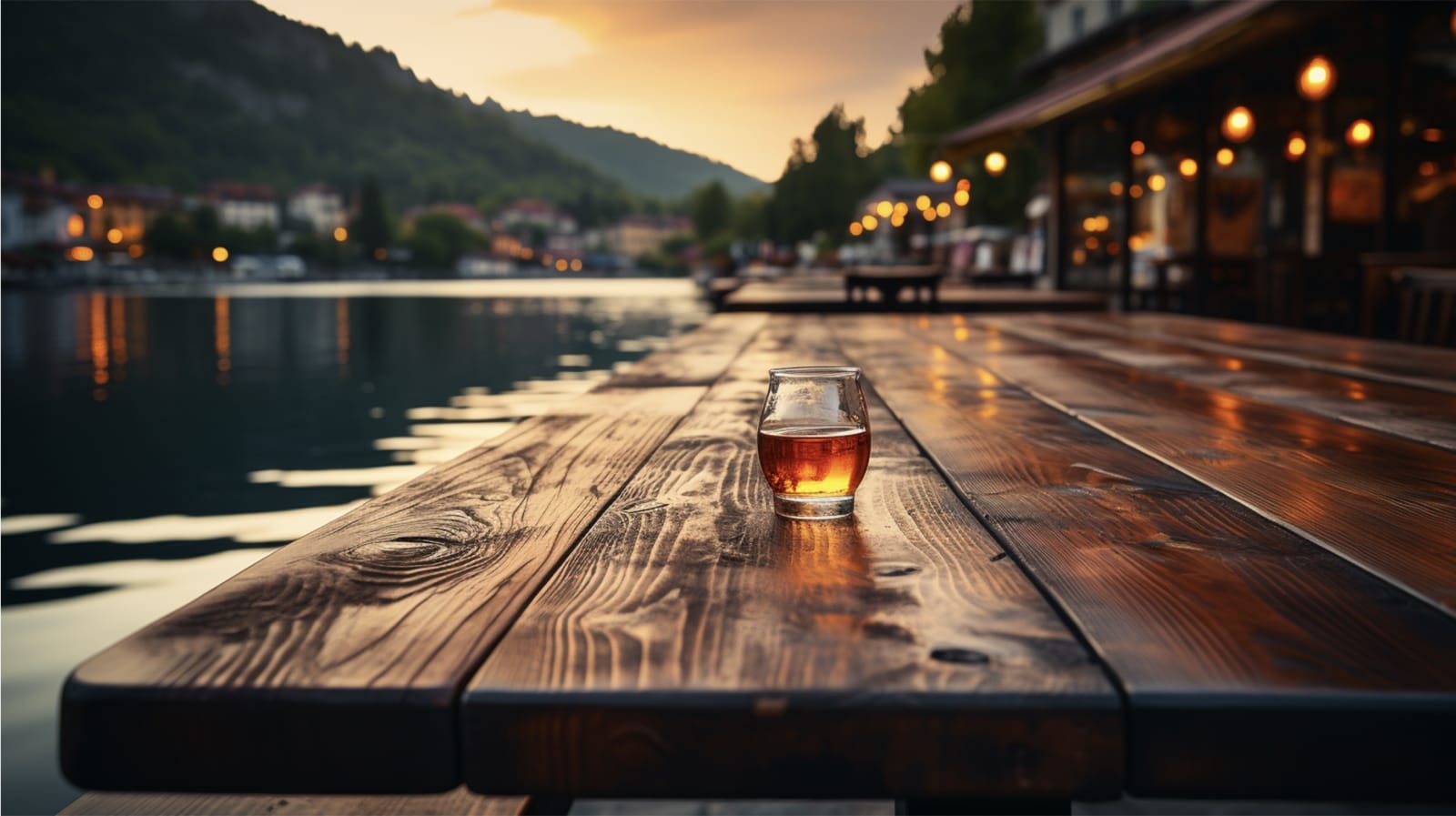 A glass of premium Glenrothes whisky elegantly sits on a wooden table beside a serene lakeside at sunset, framed by softly lit buildings and tree-covered hills, reflecting quality and luxury investment.
