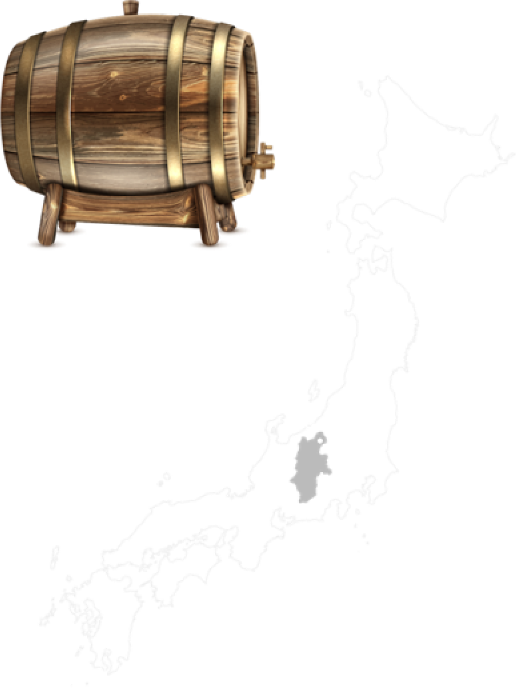 A wooden barrel, styled like a Japanese whisky cask, is connected by a dotted line to a highlighted gray area on Japan's map, pinpointing a premium whisky-producing region.