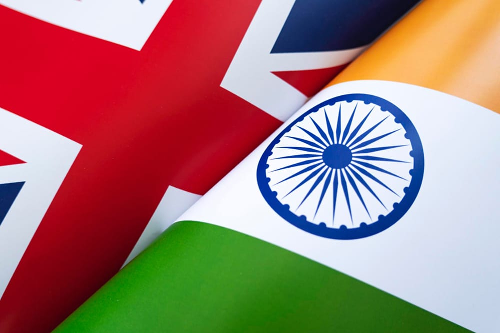 Close-up image featuring the United Kingdom flag and the India flag side by side, highlighting their distinctive designs—an ideal visual for whisky investing websites focused on UK and Indian whisky markets.
