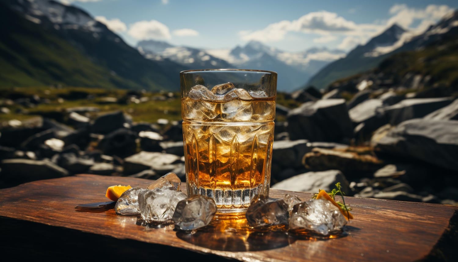 A premium glass of whisky with ice rests on a rustic wooden table outdoors, surrounded by glistening ice cubes, with stunning mountain scenery and rugged rocks in the background—a perfect scene for a luxury whisky investment website.