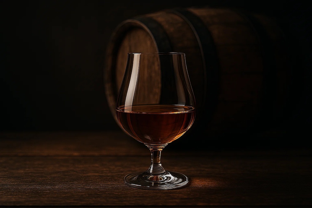 A glass of rich, amber whisky rests on a polished wooden surface, with an authentic oak aging barrel in the background, creating an elegant and moody setting perfect for whisky investing enthusiasts.