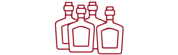 A clean red outline illustration showcasing four whisky bottles, each with distinct caps and blank labels, grouped together on a transparent background—perfect for enhancing a premium whisky investment website.