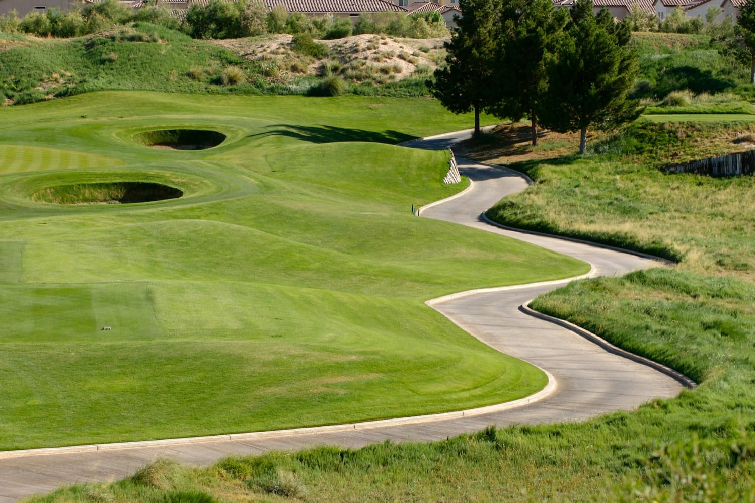 A scenic path winds beside a pristine golf fairway, evoking the elegance of premium whisky investing on our website.