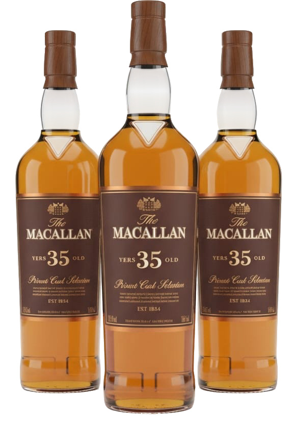 Three bottles of The Macallan 35 Year Old Private Cask Selection single malt whisky, ideal for whisky investors, stand side by side.