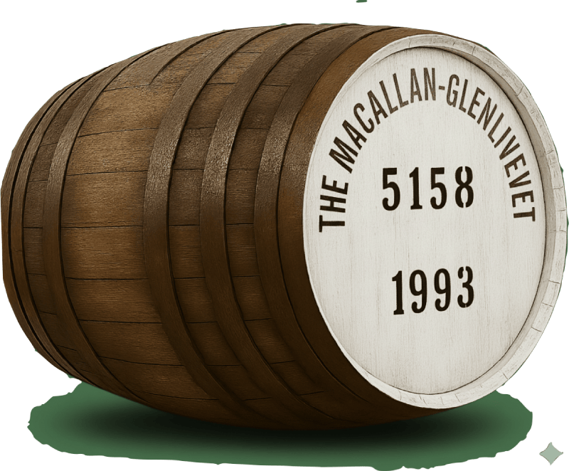 High-quality image of a whisky barrel labeled "The Macallan-Glenlivet 5158 1993," featuring metal hoops and white head.