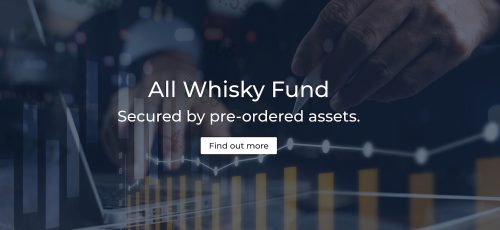 A hand elegantly writes on paper with a pen, overlaid text reads: "All Whisky Fund – Safeguarded by Pre-Ordered High-Value Assets." A "Discover More" button is below. The background features a dynamic digital financial graph, highlighting premium whisky investments.