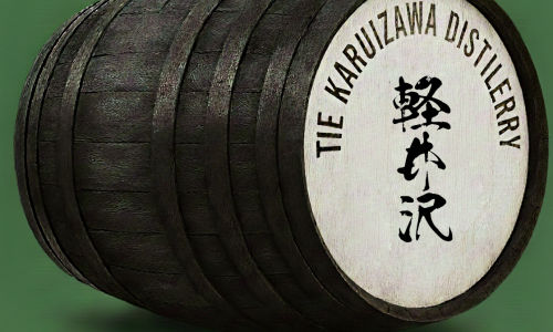 A premium whisky barrel marked "TIE KARUIZAWA DISTILLERY" with Japanese characters, displayed on a green backdrop for investors.