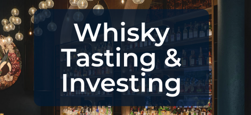 A chic bar interior features a neon sign reading "Whisky Tasting & Investing" above a well-stocked counter with premium whisky bottles on display. The ambiance is enhanced by warmly glowing hanging lights, creating an atmosphere that reflects both luxury and the potential for high-value whisky investments.